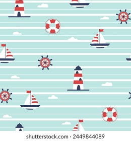 Seamless pattern with lighthouses, cute cartoon ships. Vector illustration.