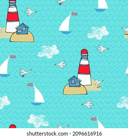 Seamless pattern with lighthouses, sailboats, sea birds and clouds in cartoon style. Wallpaper, backgound for kids. Sailing, yachting, voyage concept