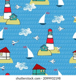 Seamless pattern with lighthouses, sailboats, sea birds and clouds in cartoon style. Wallpaper, backgound for kids. Sailing, yachting, voyage concept