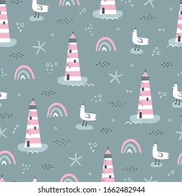 Seamless pattern with lighthouses, seagulls, rainbows, star fish and dots. Vector illustration for children.