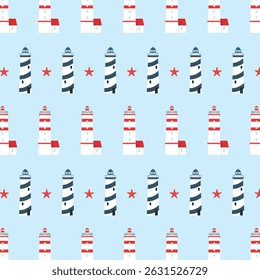 Seamless pattern with lighthouses and starfish. Marine architecture. Coastal lighthouses.