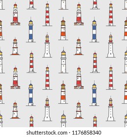 Seamless pattern with lighthouses of various types on light background. Backdrop with towers or constructions for marine navigation. Colored vector illustration for wrapping paper, textile print.