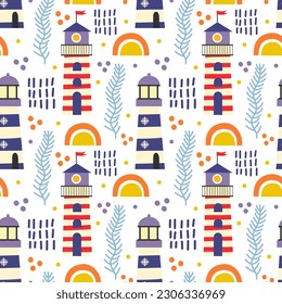 Seamless pattern with lighthouses. Vector background with a marine theme.
