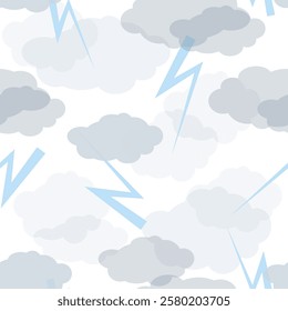 Seamless pattern with lightning and clouds. Νatural phenomenon. Vector illustration for children's textile, background, print.