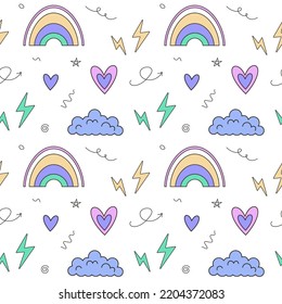 Seamless pattern of lightning, hearts, rainbow, cloud. Concept of 2000s, 1990s, 00s, Y2k aesthetic weird 2000 style. Groovy prints for tee, streetwear, print templates, textile.