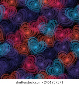 Seamless pattern with ligt blue hearts on dark blue background.  Diverse hearts background print. 