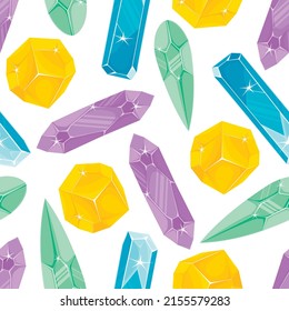 Seamless pattern with  ligyt green, orange, purple and blue magic crystals in a simple minimalistic flat style on a white background