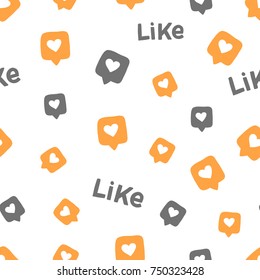 Seamless pattern with like icons,speech, hearts, and hand drawn lettering like for banner, web, social media, print. Background with symbol like and heart