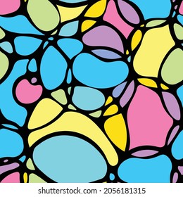 Seamless pattern like sea foam in CMYK colors. Blurred circles like bokeh isolated on black background. Abstract vector repeating background like soap bubbles.