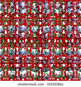 Seamless pattern with lilac, black and blue elements on red background