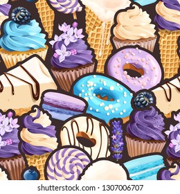 Seamless pattern with lilac and blue sweets