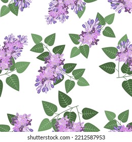 Patrón sin fisuras de ramas de arbusto lilaco con flores y hojas sobre fondo blanco.Patrón vectorial para textiles, papel pintado, postales.