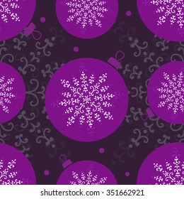 Seamless pattern lilac Christmas ball and snowflake