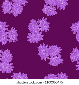 Seamless pattern with lilac chrysanthemum, daisy flower or camomile on violet background. Hand drawn vector illustration.