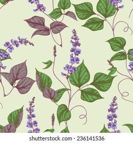 Seamless pattern with lilac decorative twisted beans on light background.