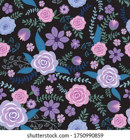 seamless pattern. pattern of lilac flowers, buds and leaves on a dark background. for printing on fabric, wrapping paper, paper cups. Template for cards, invitations. pastel colors