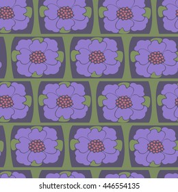 Seamless pattern with lilac flowers and leaves on dark squares background