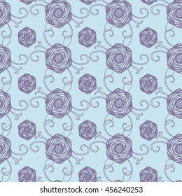 Seamless pattern with lilac flowers and leaves on blue background
