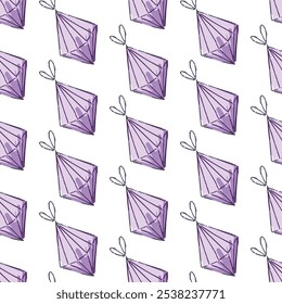 Seamless pattern with lilac hand drawn crystals with bow isolated on white. Vector texture for fabric, wallpaper, packaging, background