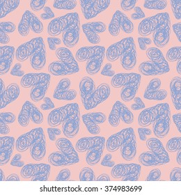 Seamless pattern lilac hearts with rough edges on pink background. Hand painted vector illustration. Design for fabric, textile, wrapping paper, card, invitation, wallpaper, web design.