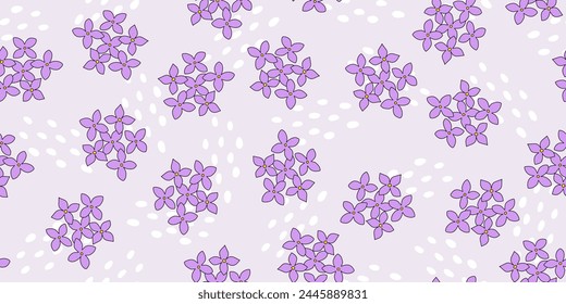 Seamless pattern with lilac, hydrangea or bluet flowers and abstract drops on violet, vector