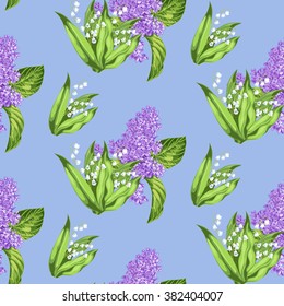 Seamless pattern with lilac and lily of the valley