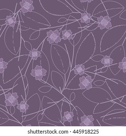 Seamless pattern lilac with lines leaves and flowers on dark background