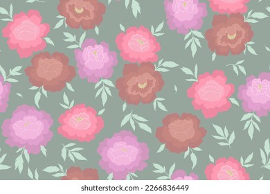 Seamless pattern with lilac and pink flowers on a green background. Vector graphics.