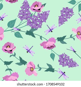 Seamless pattern with lilac, poppies and dragonflies on a green background. For decorating textiles, packaging, web- design. Vector illustration.