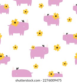 Patrón sin foco con rinocerontes y flores de lila. Ilustraciones de estilo moderno para impresiones, ropa, embalaje y postales.