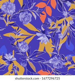 Patrón inoxidable con rosas lilas y hojas ocres sobre fondo azul violeta. Flores tropicales, lirio. Ilustración vectorial con plantas. EPS 10