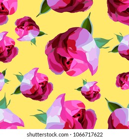 Seamless pattern of lilac roses in realistic style on a yellow background. Floral hand drawn print in trendy style. Can be used in design of clothes, home textiles, wallpaper, invitation cards.