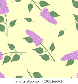 Seamless pattern with lilac twigs on a yellow background. For decorating textiles, packaging. Vector illustration.