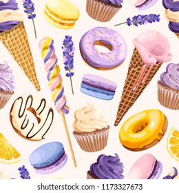 Seamless pattern with lilac and yellow sweets