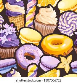 Seamless pattern with lilac and yellow sweets