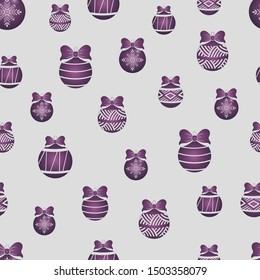 Seamless pattern of lilac-colored Christmas toys on a light background
