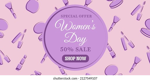 Seamless pattern in lilac-violet colors including cosmetic elements: lipstick, mascara, powder, perfume, makeup brush on a light pink background, and an inscription - sale in honor of Women's Day