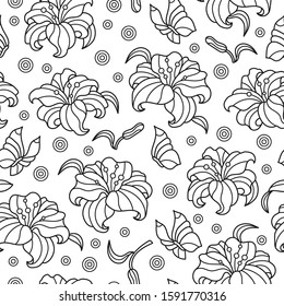 Seamless pattern with lilies and butterflies, dark contoured flowers and butterflies on white background