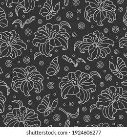 Seamless pattern with lilies and butterflies, light contoured flowers and butterflies on dark background