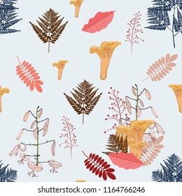 Seamless pattern with lilies flower, herbs, fern, mushrooms and leaves. Vector autumn illustration in vintage style. 