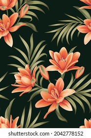 Seamless pattern of Lilies flowers background template. Vector set of floral element for tropical print, wedding invitations, greeting card, brochure, banners and fashion design.