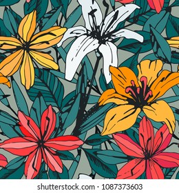 Seamless pattern with lilies. Flowers, leaves. Floral background texture. Fabric design