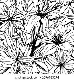 Seamless pattern with lilies, flowers, leaves. Floral background texture. Fabric design in black and white