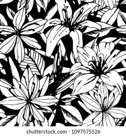 Seamless pattern with lilies, flowers, leaves. Floral background texture. Fabric design in black and white