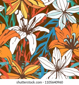 Seamless pattern with lilies. Flowers, leaves. Floral background texture. Fabric design