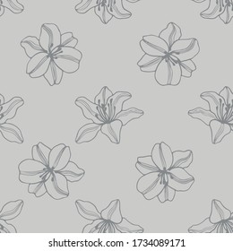 Seamless pattern of lilies flowers vector. Hand drawn graphic texture for design, cosmetics, fabric textile, wallpaper, wrapping paper.