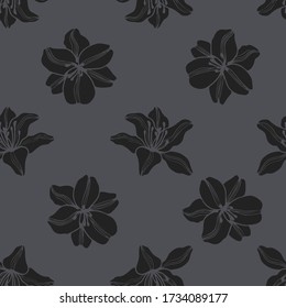 Seamless pattern of lilies flowers vector. Hand drawn graphic texture for design, cosmetics, fabric textile, wallpaper, wrapping paper.