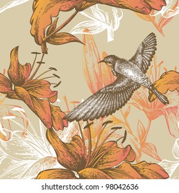 Seamless pattern with lilies and a flying bird, hand-drawing. Vector.