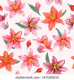 Seamless pattern with lilies. Hand drawn vector illustration.