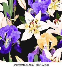 Seamless pattern with lilies and irises